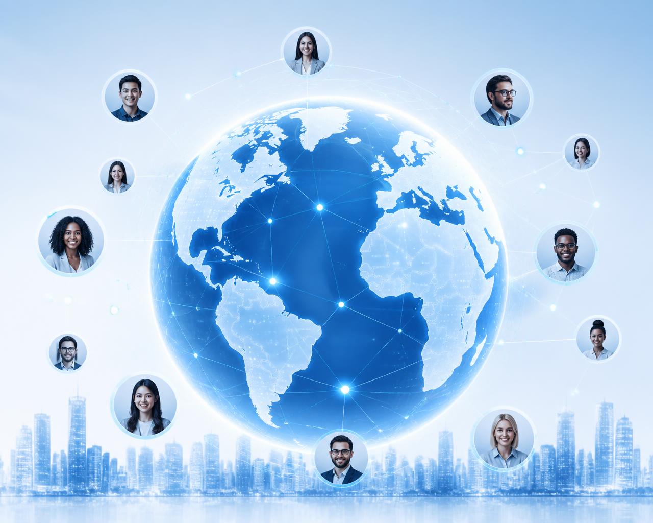 Illustration of a glowing blue globe connected by a network of lines to people around the world
